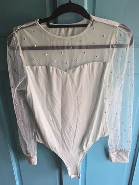 SHEIN Mint Green Sheer Rhinestone Mesh Bodysuit with Puff Sleeves